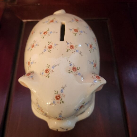 Vintage Ceramic Piggy Bank With Floral Pattern & Blue Eyes 5" L x 4.5" W x 4" H - Picture 2 of 9